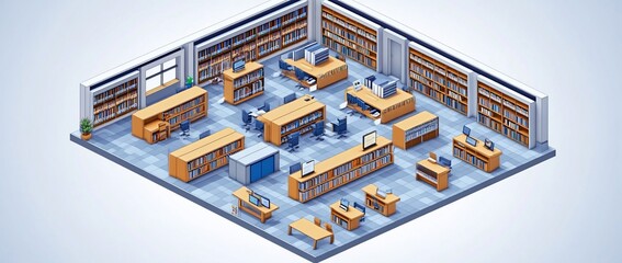 Obraz premium Isometric view of a modern library interior with bookshelves, desks, and computers.