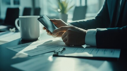 Obraz premium Close-up of businessman's hands using smartphone at desk with documents and coffee.