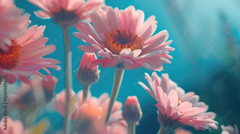 Sticker Close-up of vibrant pink daisies blooming in a serene garden, with soft blue background enhancing their beauty