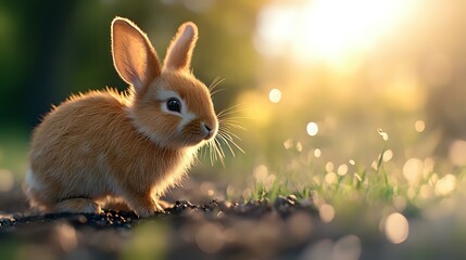Fototapeta premium Young brown rabbit sitting in spring garden at sunset with golden bokeh lights and fresh grass sprouts, creating magical nature atmosphere for Easter cards.