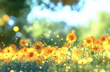 Obraz premium Vibrant yellow sunflowers in a sunny field with bokeh effect.