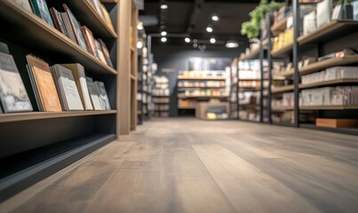 Obraz premium Modern bookstore interior with wooden floors and bookshelves filled with various books.
