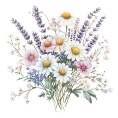 A digital illustration of a charming bundle of wildflowers, featuring daisies, lavender, transparent background, PNG