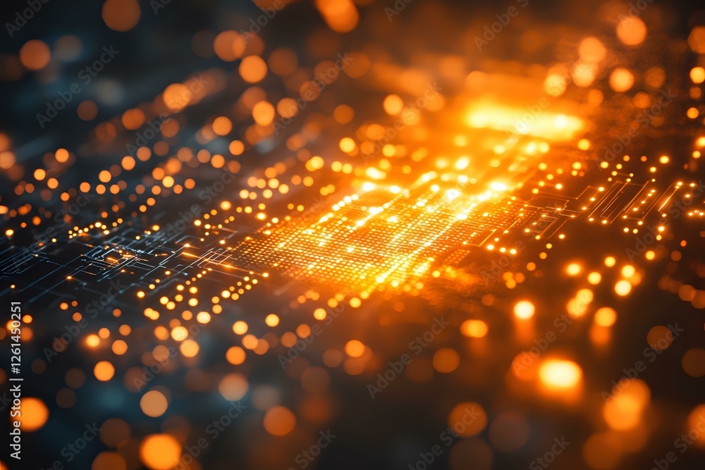 Poster glowing orange circuit board with bokeh light effects in dark background creates futuristic technolo