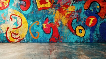 Fototapeta premium Vibrant Graffiti Art Wall: Urban Street Art, Colorful Abstract Design, Grunge Texture, Empty Room, Interior Design