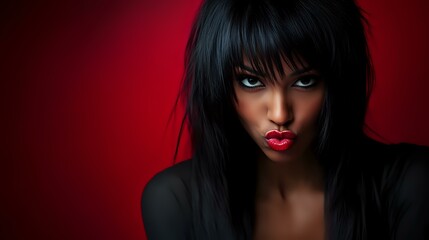 Fototapeta premium Young African American woman with dramatic makeup, red lips and long black hair against dark red background, moody fashion portrait with intense gaze and artistic lighting.