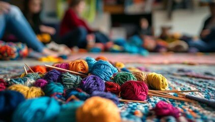 Colorful yarn balls, knitting needles, and people crafting at home