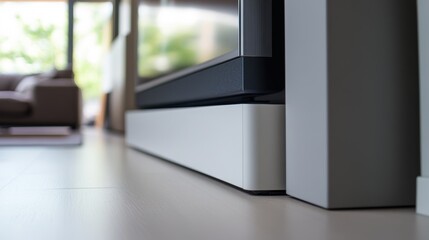 Modern living room with sleek television design and contemporary furnishings in bright ambient lighting