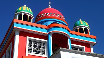 Colorful Architecture of a Mosque with Vibrant Domes and Minarets
