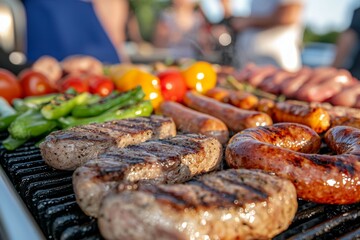 Grill is full of meat and vegetables, including hot dogs, sausages