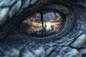 Majestic dragon eye reflects a dark, enchanted castle under a stormy sky at dusk