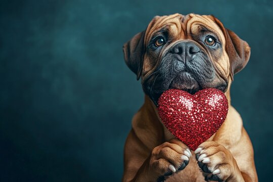 Bullmastiff - my preferred dog. Marketing creative design idea. Cute bullmastiff doggy with sparkling rhinestones red heart - sign of love, funny greeting card. Valentine's animals. Puppy love.