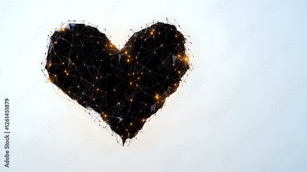 Poster black heart shape formed by connected glowing dots and lines on light background, representing netwo