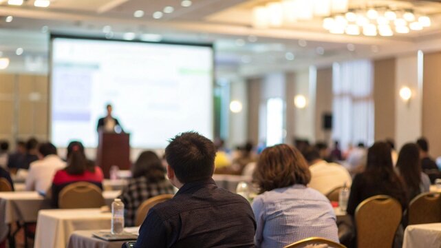 Corporate Seminar Blur: A blurred background of a corporate seminar or training session in a conference hall, with attendees. People in professional meeting of business leadership strategy audience