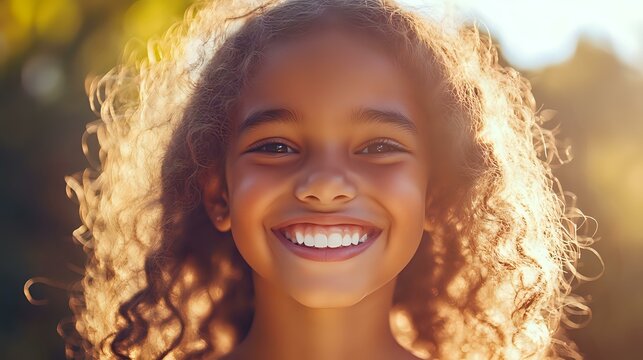 Young African American girl with curly hair smiling brightly in warm sunlight, showing natural joy and happiness with authentic expression and glowing backlit hair.