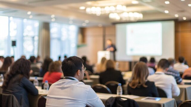 Corporate Seminar Blur: A blurred background of a corporate seminar or training session in a conference hall, with attendees. People in professional meeting of business leadership strategy in event