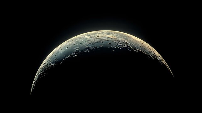 Dramatic crescent moon phase against black sky showing detailed lunar surface with craters and shadows in ethereal golden light. Suitable for astronomy projects.