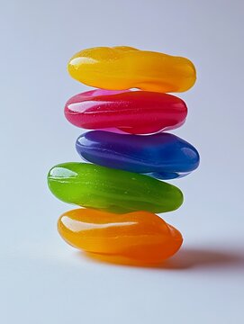 Stack of five vibrant, glossy, smooth, colorful, jelly candies.