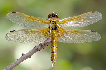 Bright yellow dragonfly perched on a twig in a lush green environment during daylight hours
