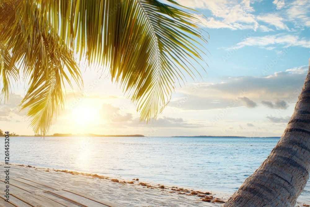 Poster palm tree is on the beach with the sun setting in the background
