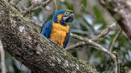 Obraz premium Vibrant Blue and Yellow Macaw Perched on Tree Branch in Jungle