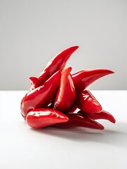 Close-up of a pile of vibrant red chili peppers on a white surface.