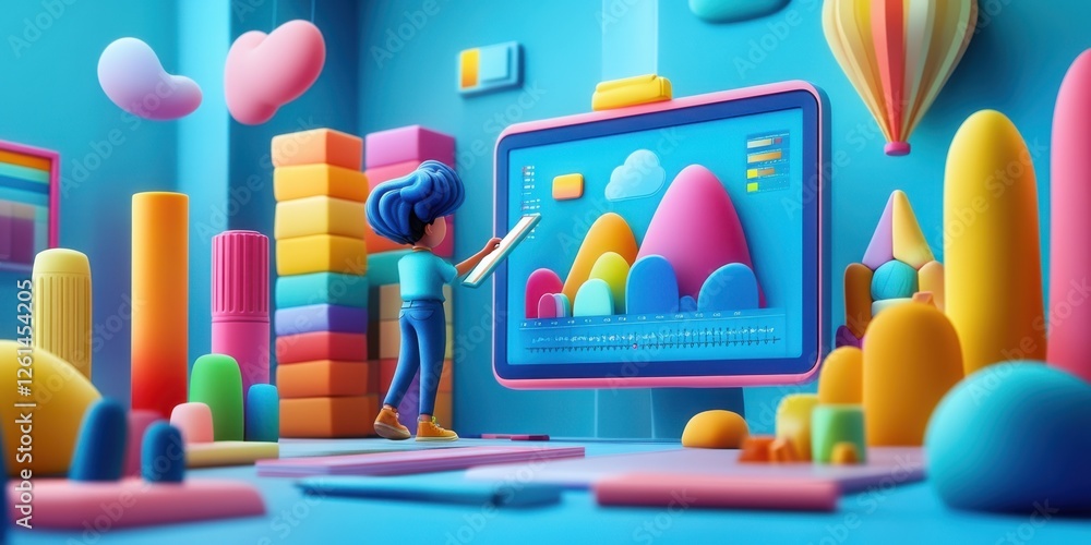 Aufkleber a colorful 3d environment with abstract shapes and a person interacting with a screen