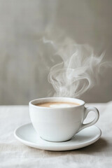 Hot Beverage in White Cup with Steam on Soft Fabric Background