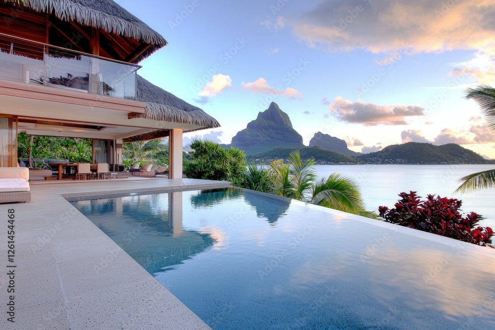 Poster large house with a pool and a view of the ocean