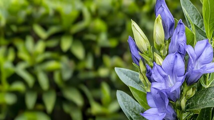 Blue and Green Botanical Beauty with Purple Flowers in Nature