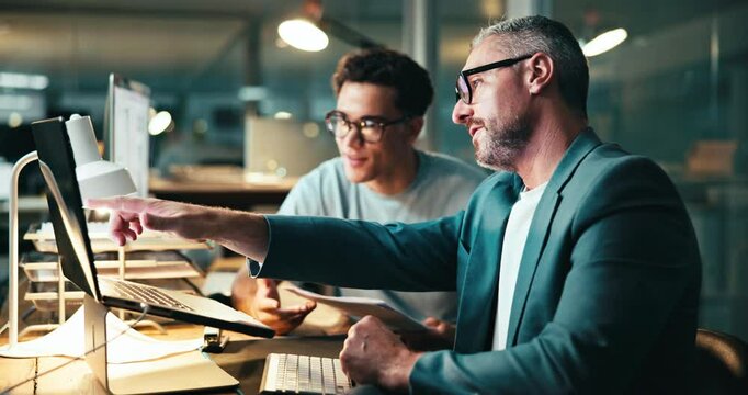 Teamwork, advice and laptop with business people in office for journalist training, consulting and chief editor. Publication, collaboration and planning with men in media agency for news at night