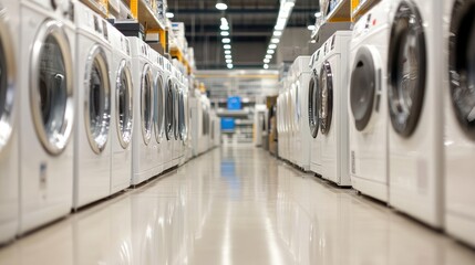 Appliances Store Aisle: Rows of Washing Machines in a Retail Setting