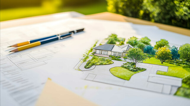 A home owner association document on the landscape design section next to a landscape artictect diagram of a open space laid on a conference table with pen and pen - Powered by Adobe