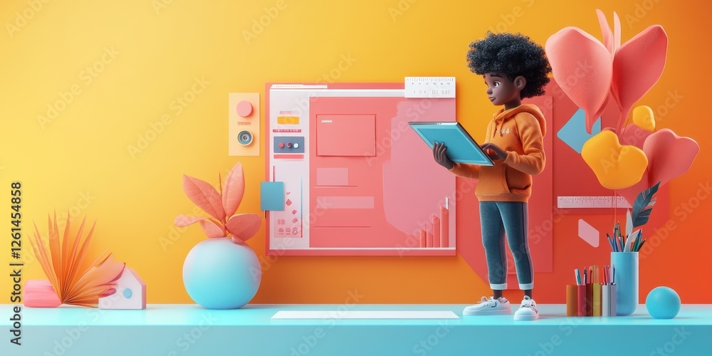 Poster a vibrant and engaging workspace with a young designer creating in a colorful environment