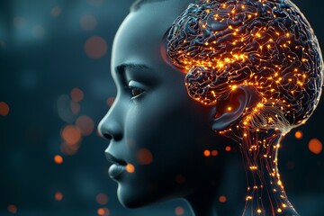 Obraz premium Woman's face is shown with a brain made of glowing wires