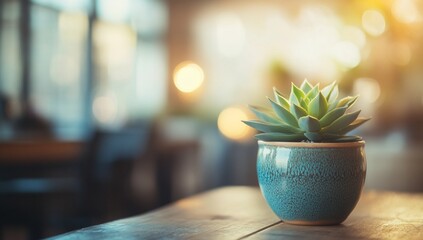 Small succulent plant in teal pot sits on wooden table in a blurred cafe setting.