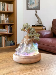 Glowing Bonsai Tree Display on Wooden Table in Cozy Living Room