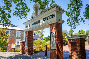 The entrance gate of the Pioneer Memorial Gardens in Hahndorf, South Australia. The gardens...
