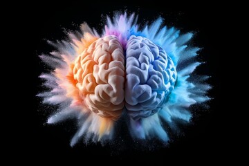 Brain is shown in a colorful explosion, with the left