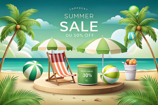 Tropical beach sale banner, summer discount, ocean background, ad design