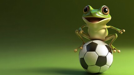 Obraz premium Happy cartoon frog sitting on a soccer ball against a green background.