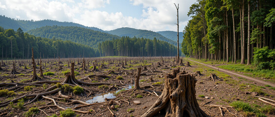Deforested Landscape Highlighting Global Warming Effects with Stumps and Abandoned Land, Underneath a Bright Sky Surrounded by Verdant Mountains