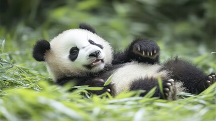 Obraz premium Playful panda cub lying in bamboo grass in a forest. Possible use nature, wildlife, conservation