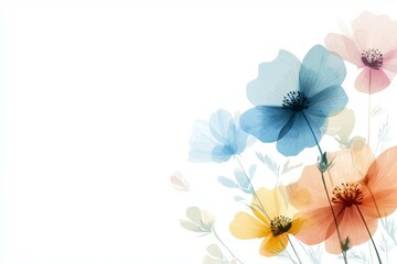 Transparent colorful flowers on white background with delicate petals and elegant stems