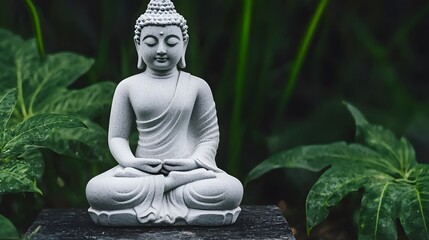 Serene Buddha Statue Surrounded by Lush Green Foliage in Nature