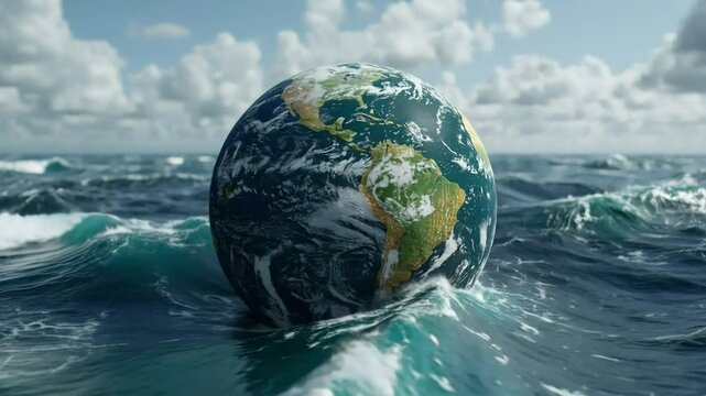 Earth afloat stormy ocean, climate change concept