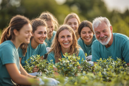 diverse group of people volunteering together in garden, smiling and planting shrubs. Their teamwork and joy create positive atmosphere of community service
