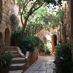 Naklejka premium Sun-Drenched Courtyard in Ancient Stone Walls