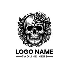 Skull and Rose Logo  Black and White Vector Tattoo Sketch  Gothic Floral Illustration