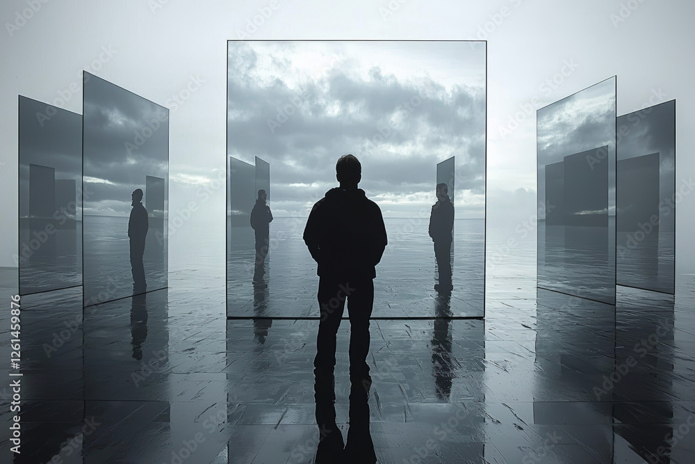 Poster person standing in front of mirrors reflecting cloudy sky, creating surreal atmosphere. scene evokes